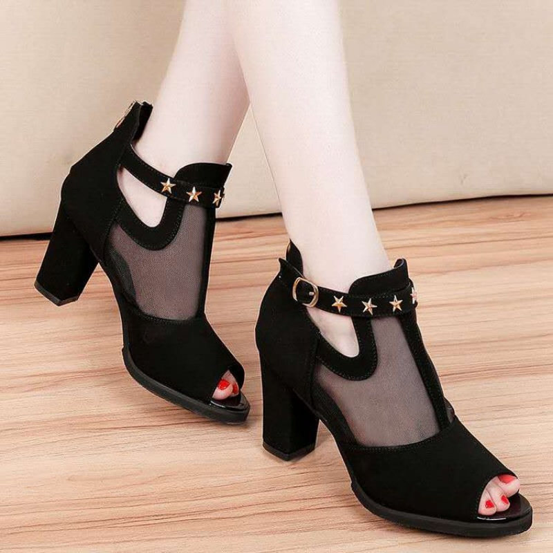 Mesh Peep Toe Block High Heels - огляд і ціна Mesh Strap Metal